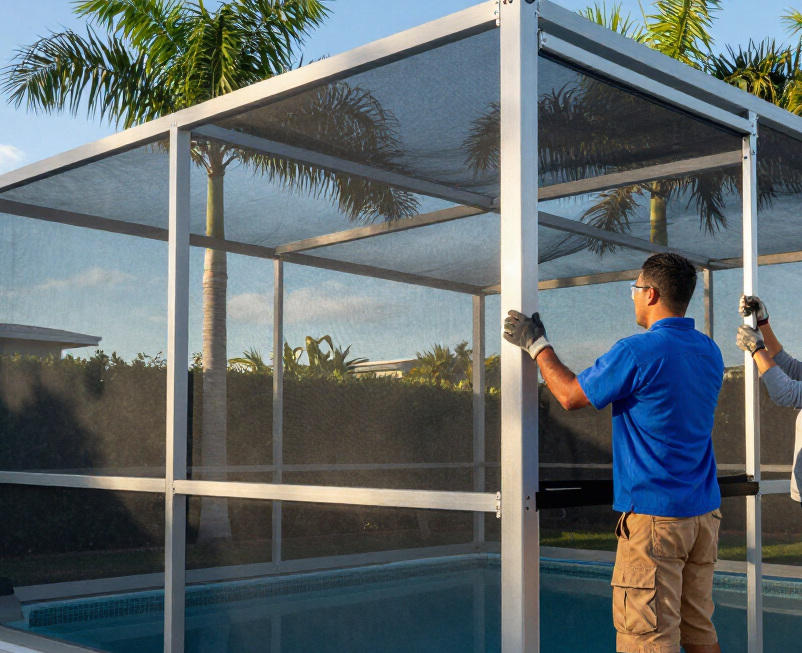 Worker installing a screened pool enclosure beside a backyard swimming pool