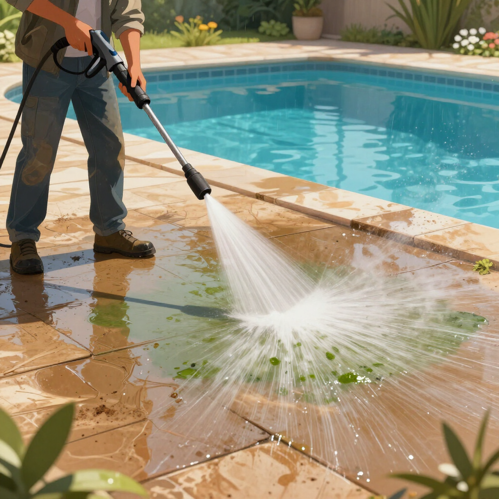 Person pressure-washes a wet pool deck beside a blue swimming pool.