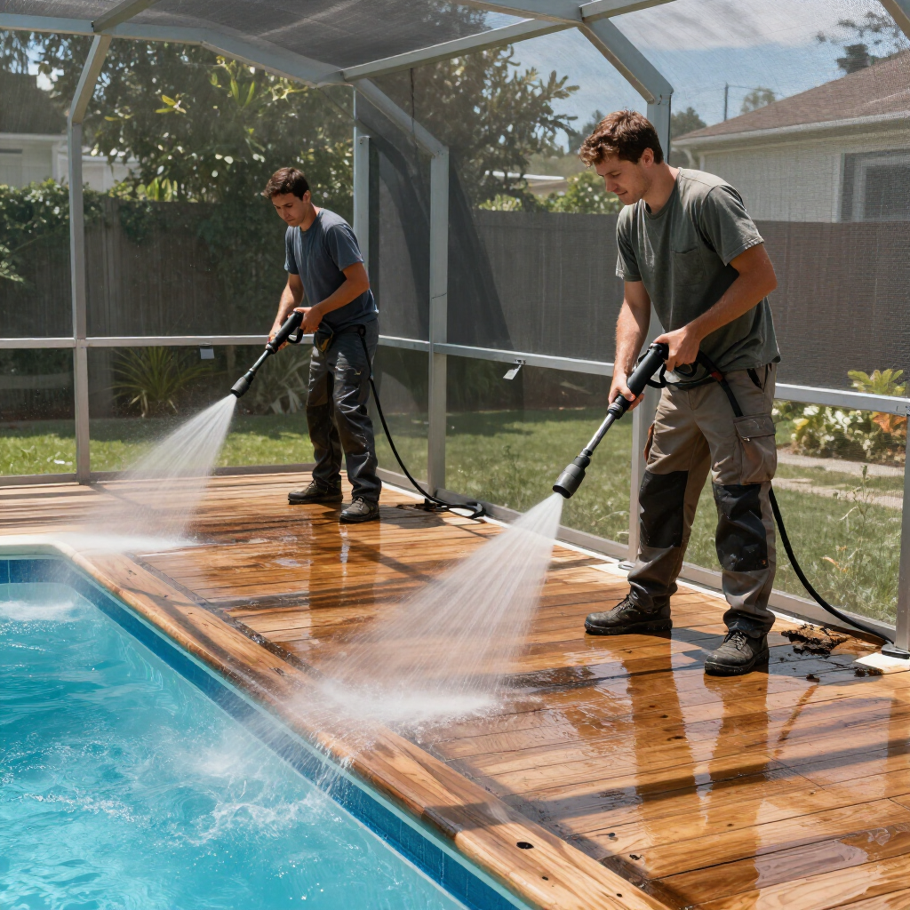 Worker installing a screened pool enclosure beside a backyard swimming pool