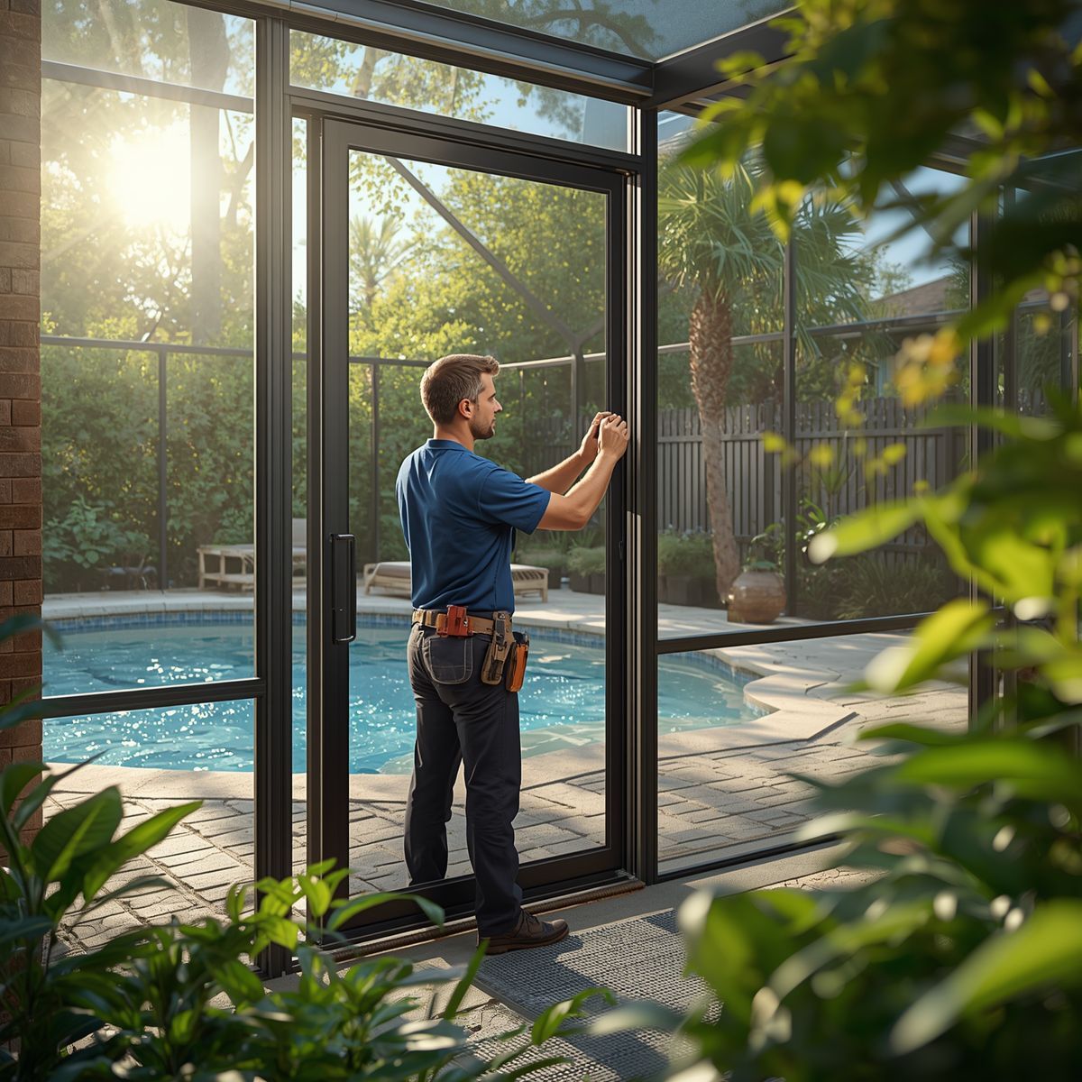 Worker installing a glass door beside a sunlit backyard pool