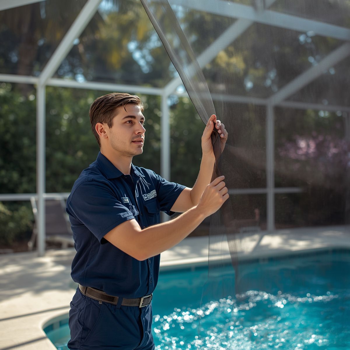 Man in navy shirt holding a pole beside a sunlit indoor pool