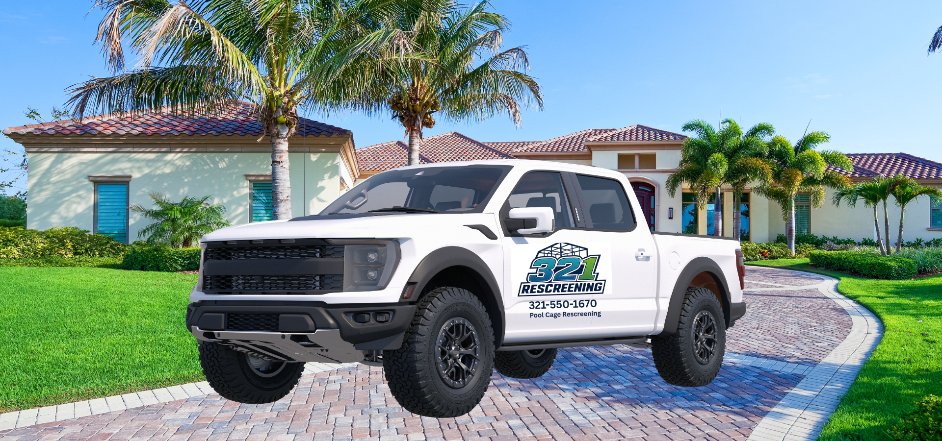 White lifted pickup truck parked on a curved driveway in front of a luxury home with palm trees