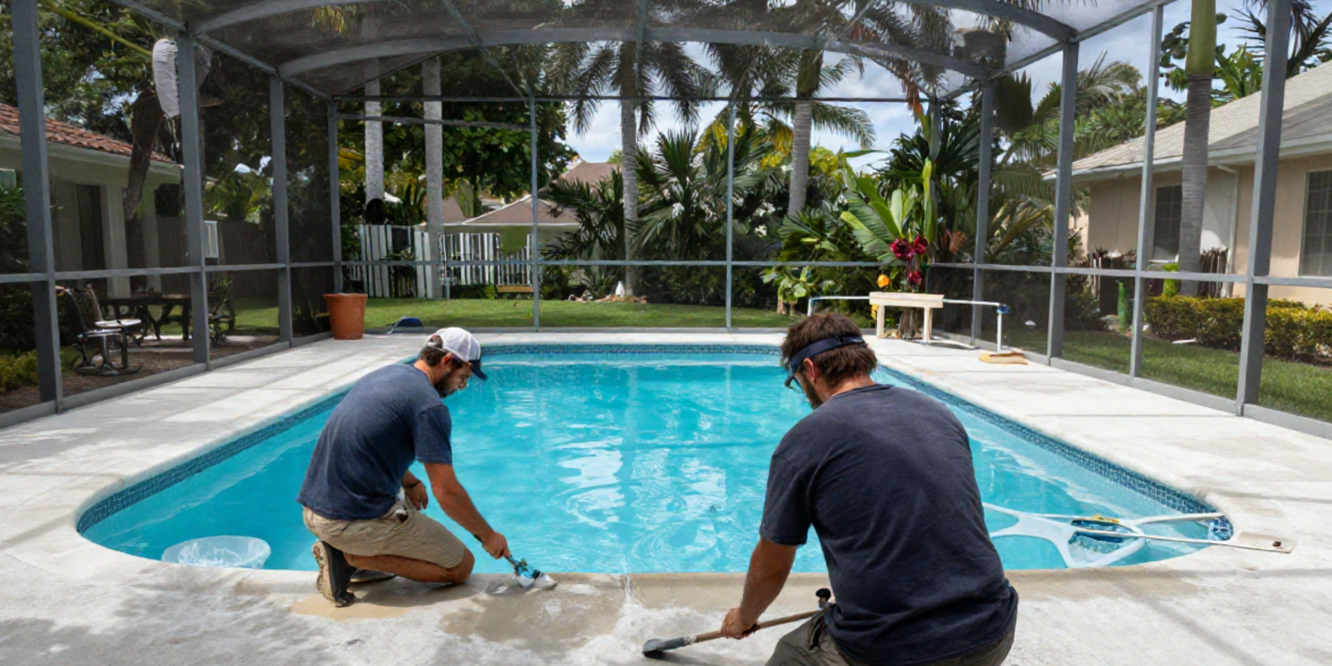 Worker installing a screened pool enclosure beside a backyard swimming pool