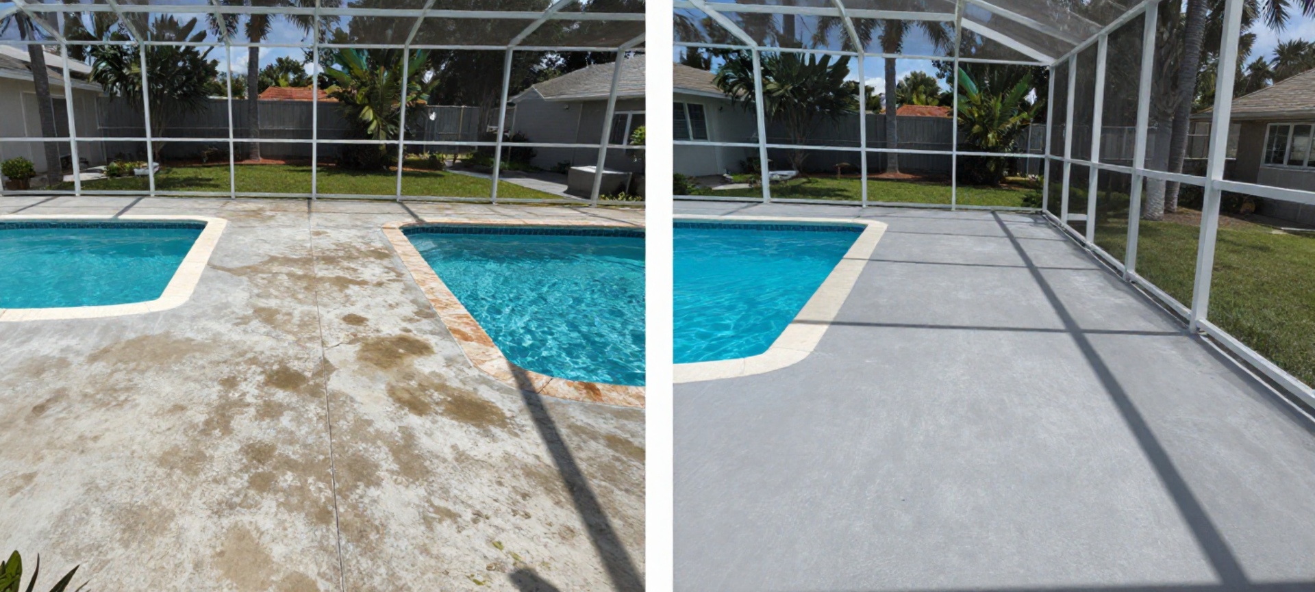Worker installing a screened pool enclosure beside a backyard swimming pool