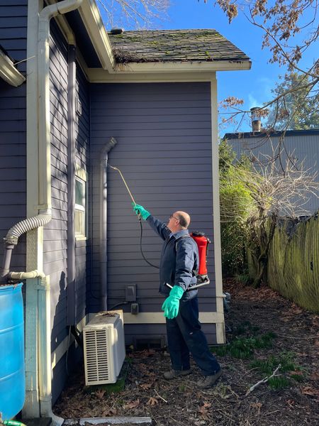 A man is spraying a house with a sprayer.