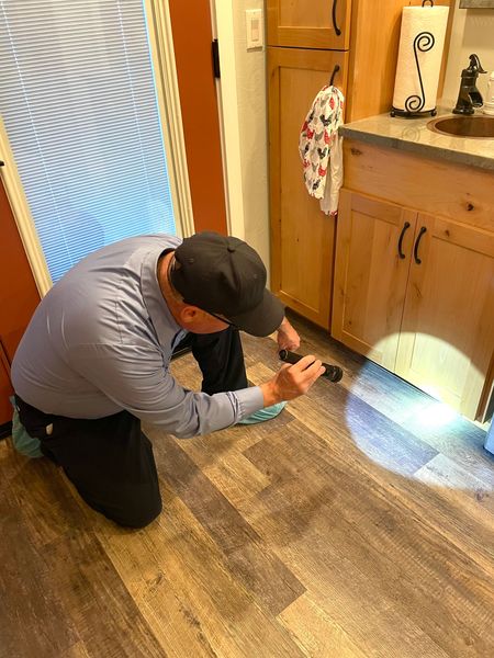 A man is kneeling down in a kitchen looking at a bug with a flashlight.