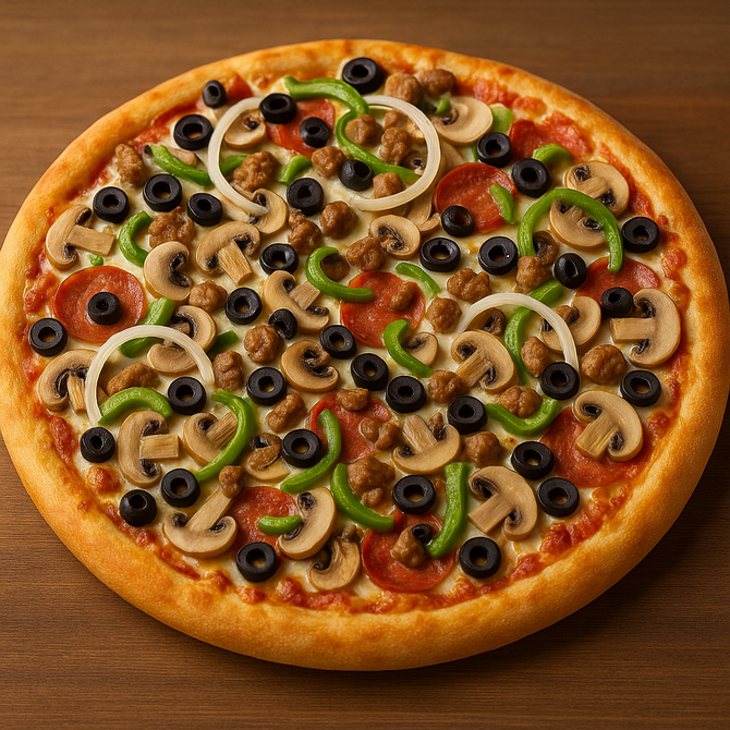 A pizza with a lot of toppings on it is sitting on a table.