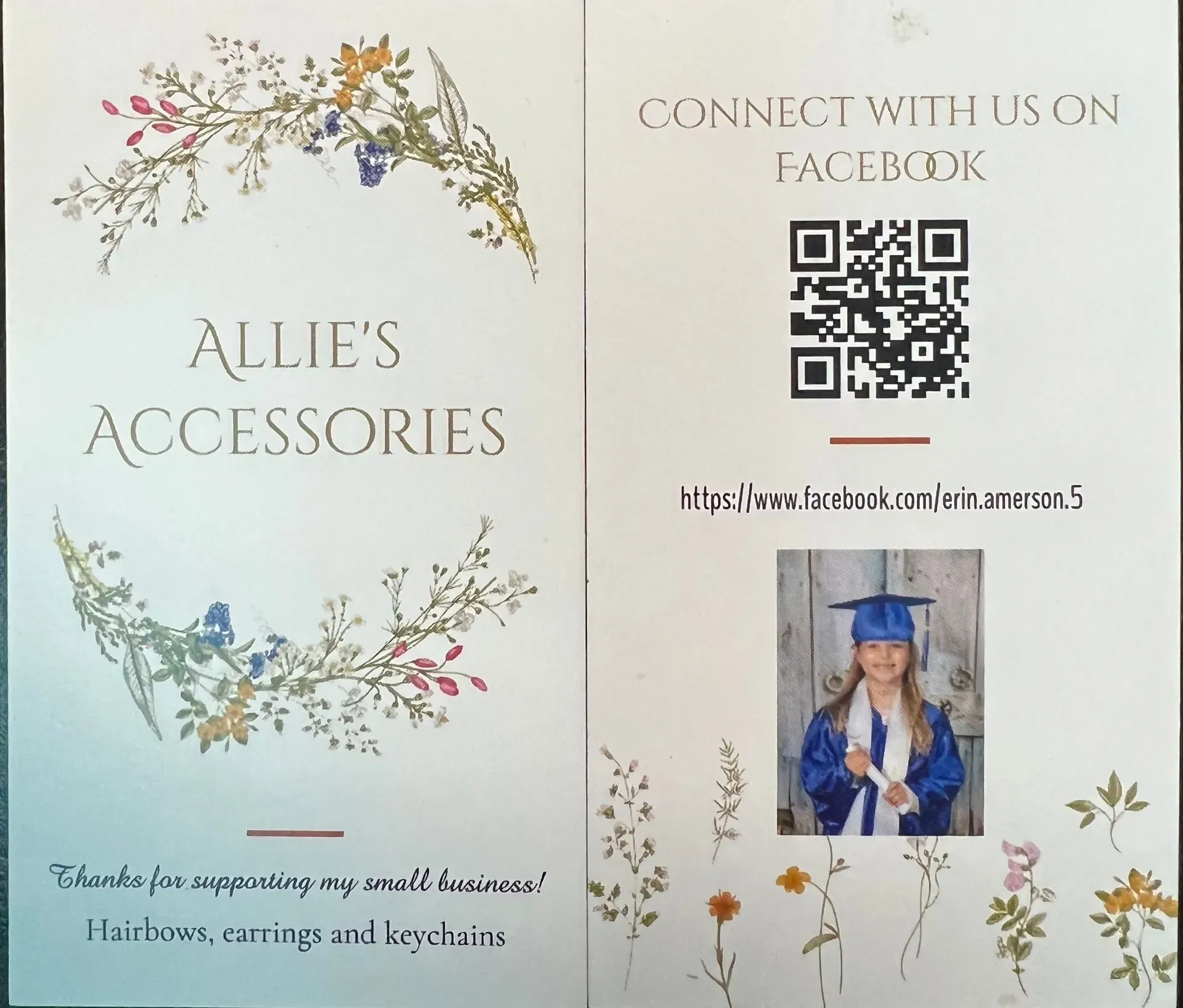 The front and back of a pamphlet for allie 's accessories