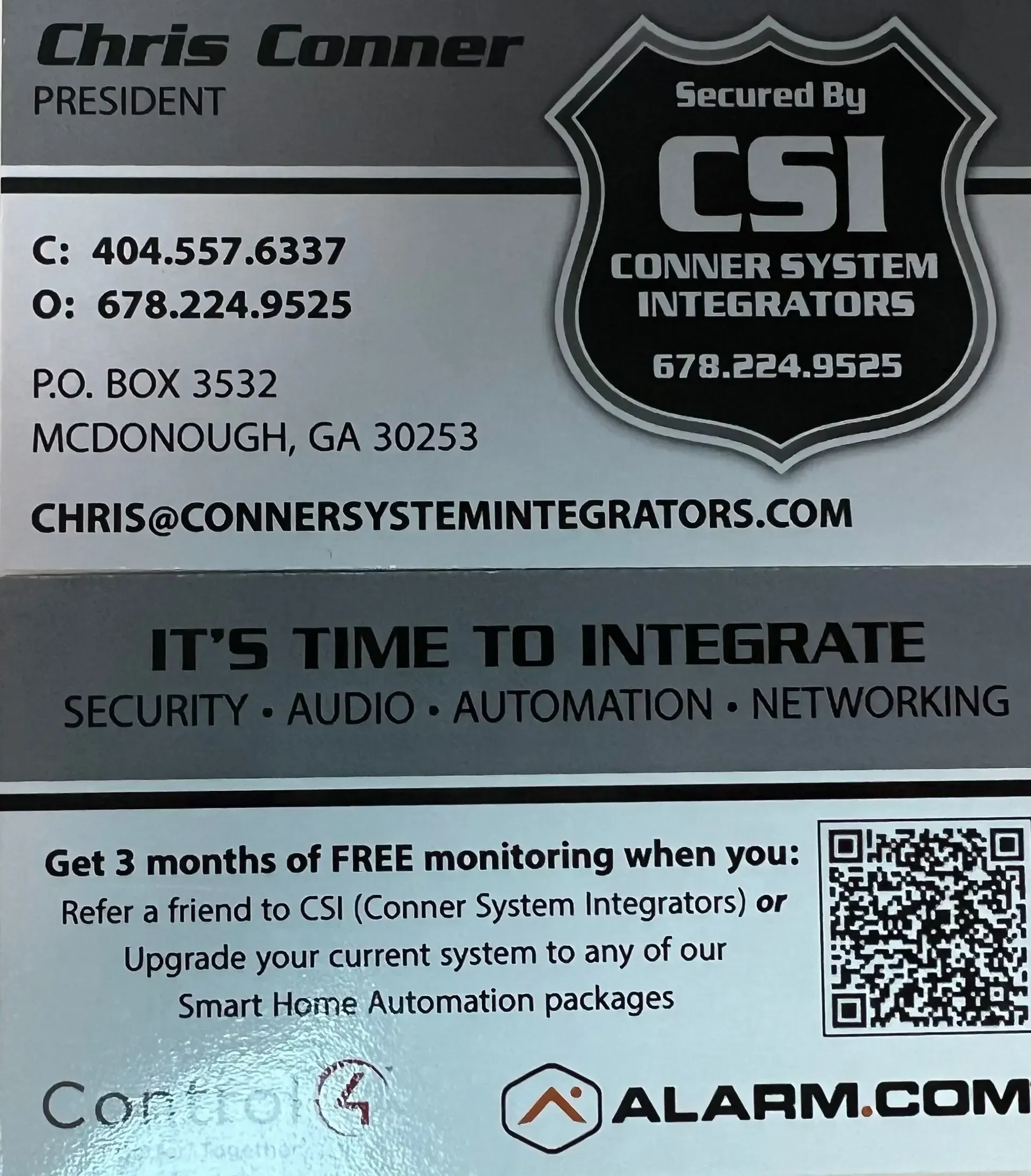 A business card for chris conner says it 's time to integrate security audio automation and networking