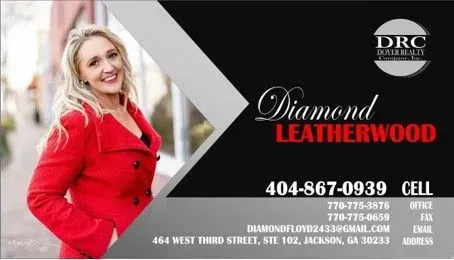 A woman in a red coat is on a business card for diamond leatherwood.