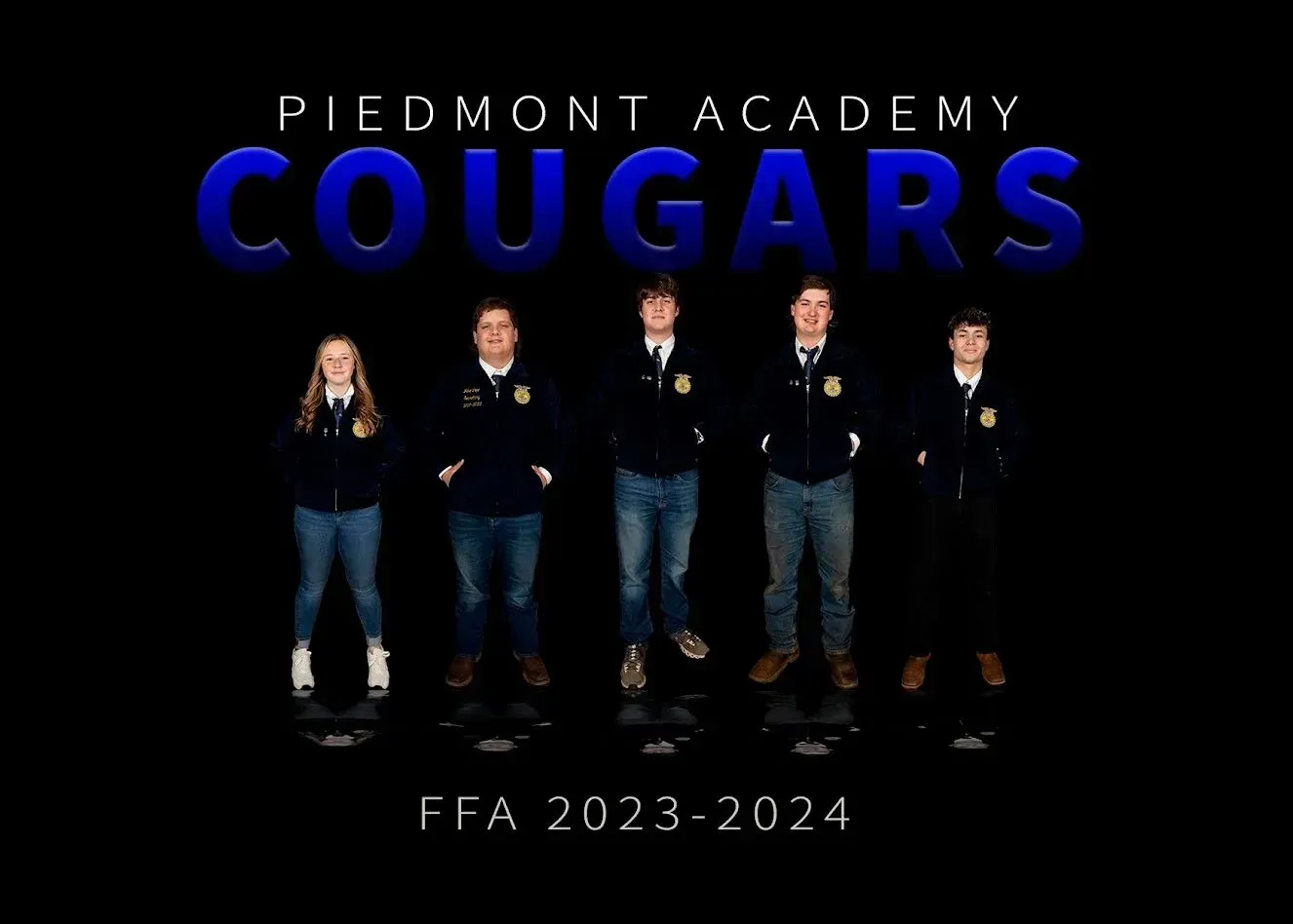 A group of people standing next to each other in front of a sign that says piedmont academy cougars.