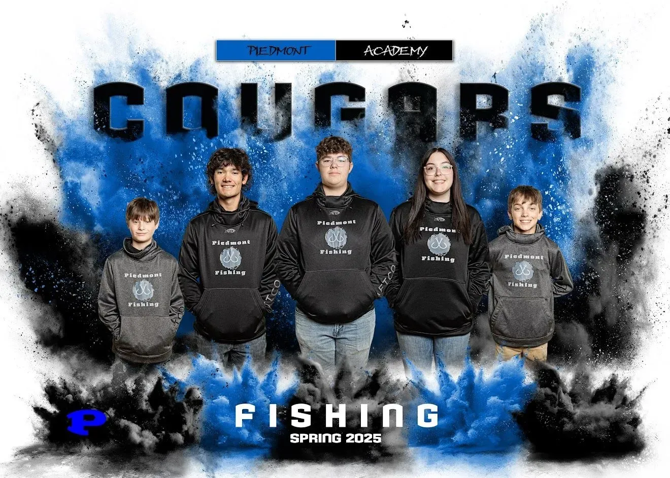 A group of people standing next to each other on a black background.