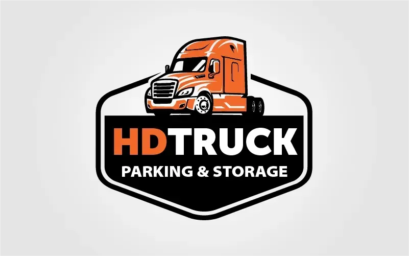A logo for hd truck parking and storage with an orange semi truck on a white background.