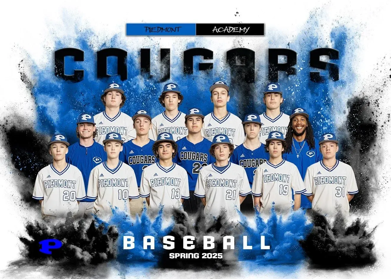 The piedmont academy cougars baseball team is posing for a team photo.