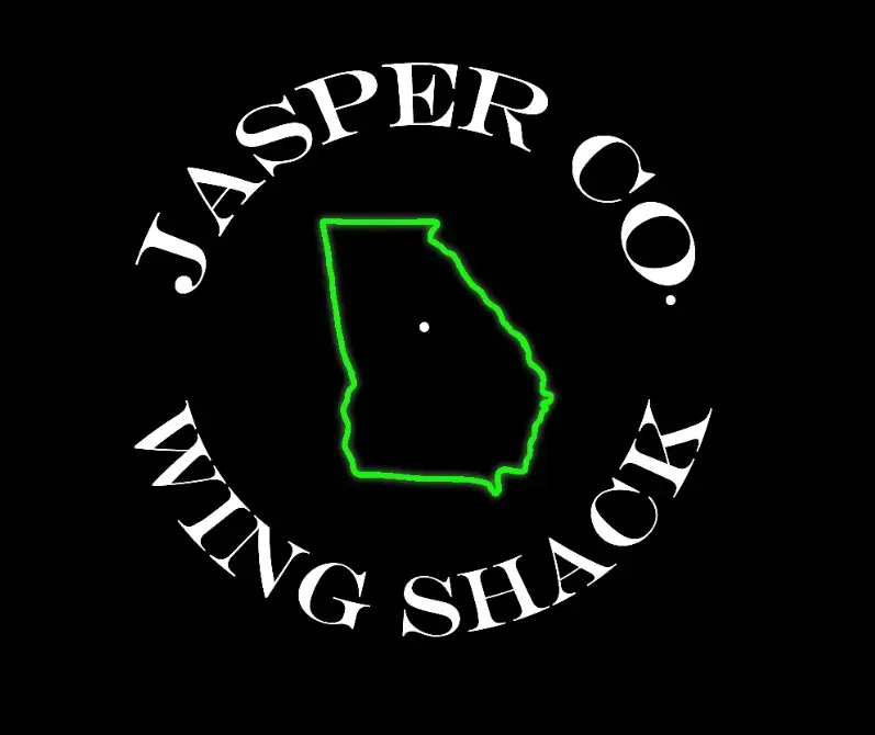 A logo for jasper co. wing shack with a green map of georgia