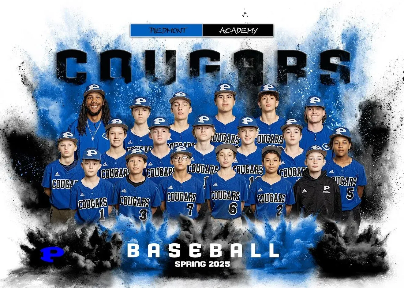The piedmont academy cougars baseball team is posing for a team photo.