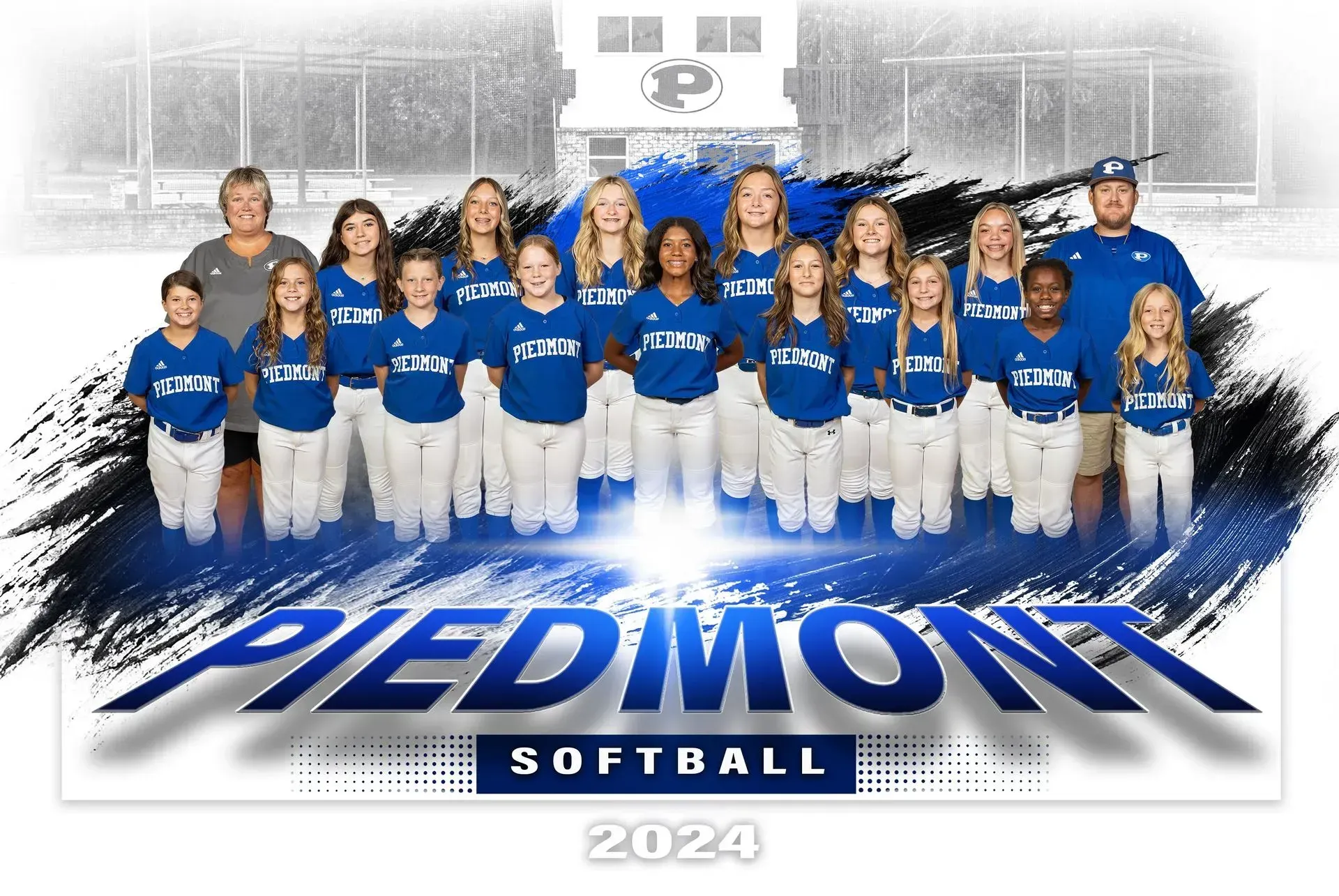 The piedmont softball team is posing for a team photo.