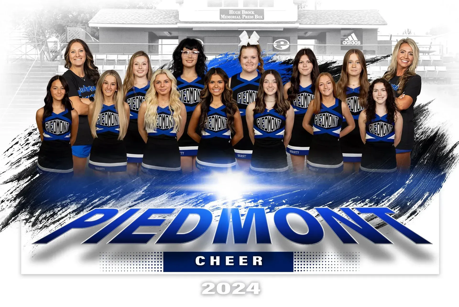 A group of cheerleaders are posing for a picture.