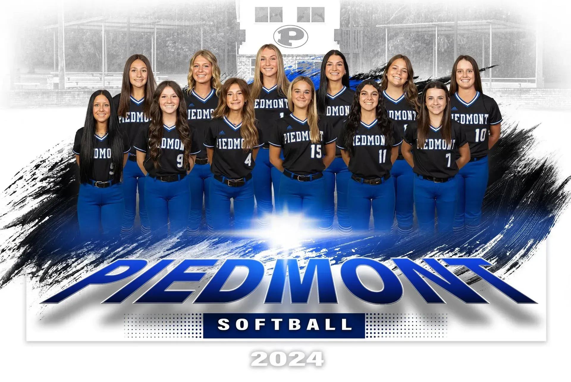 The piedmont softball team is posing for a team photo.