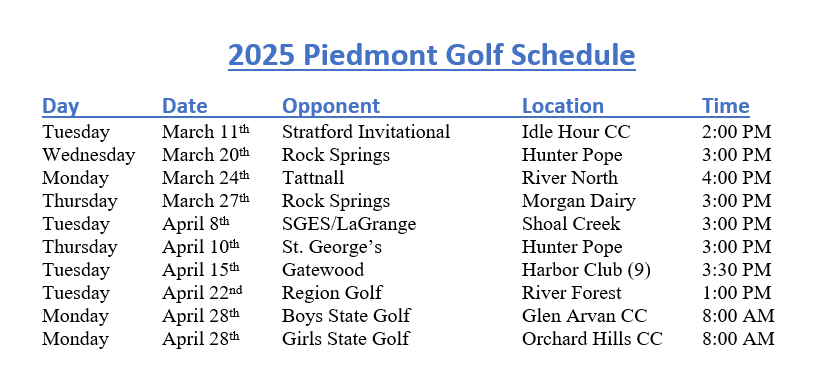 A golf schedule for the 2024 pindmont academy