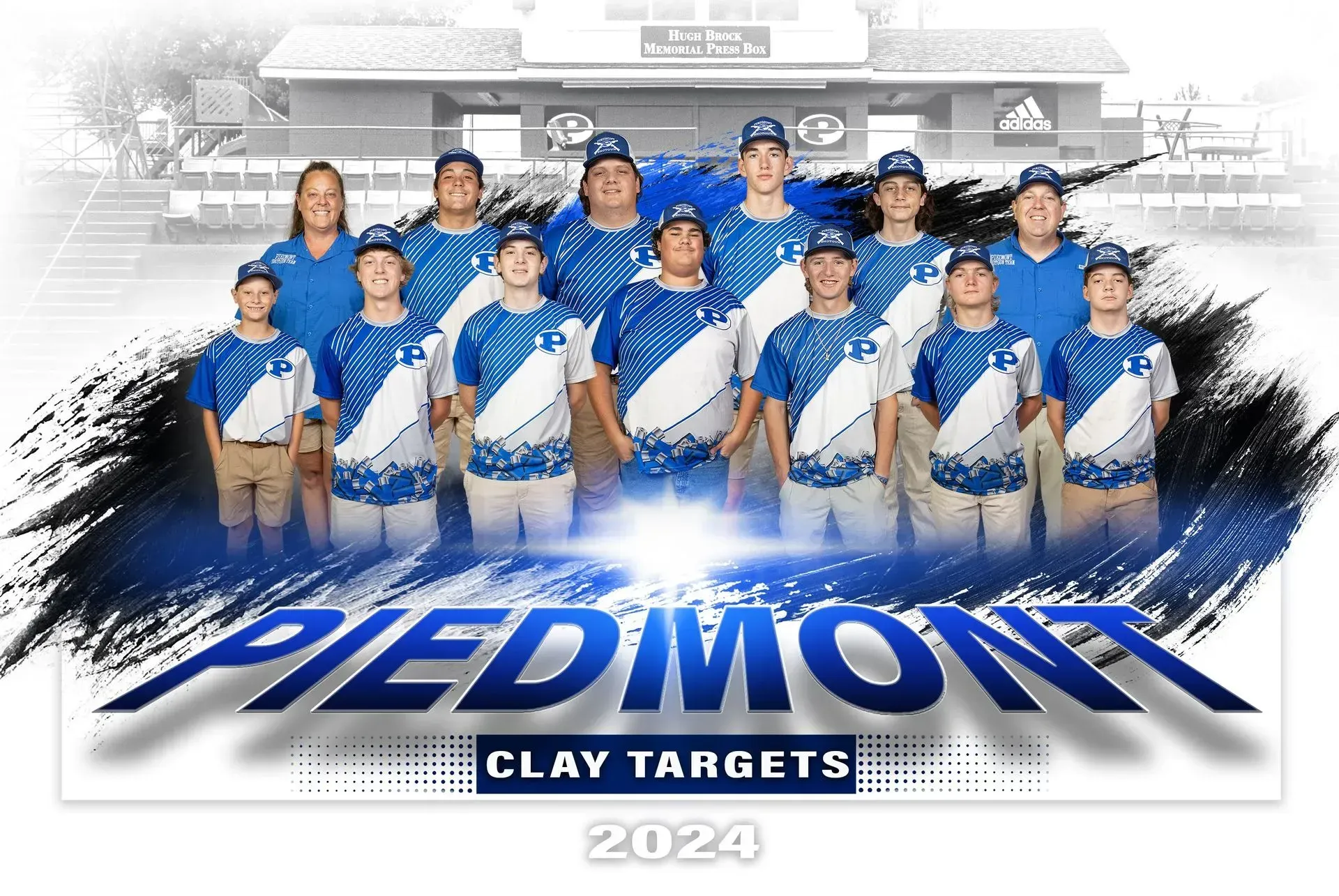A group of boys are standing in front of a sign that says piedmont clay targets