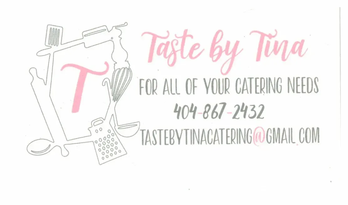 A business card for taste by tina for all of your catering needs.