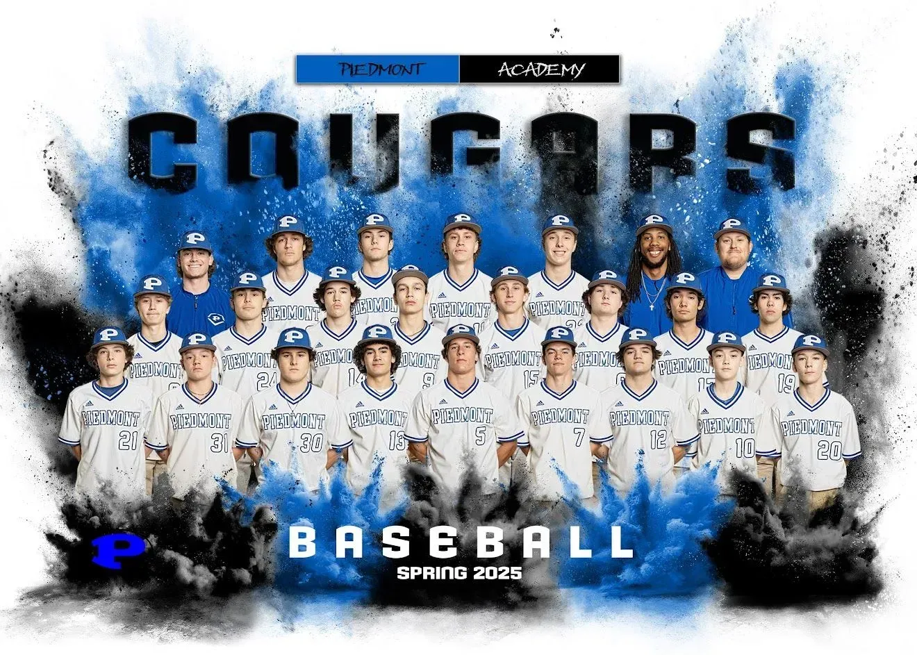The piedmont academy cougars baseball team is posing for a team photo.