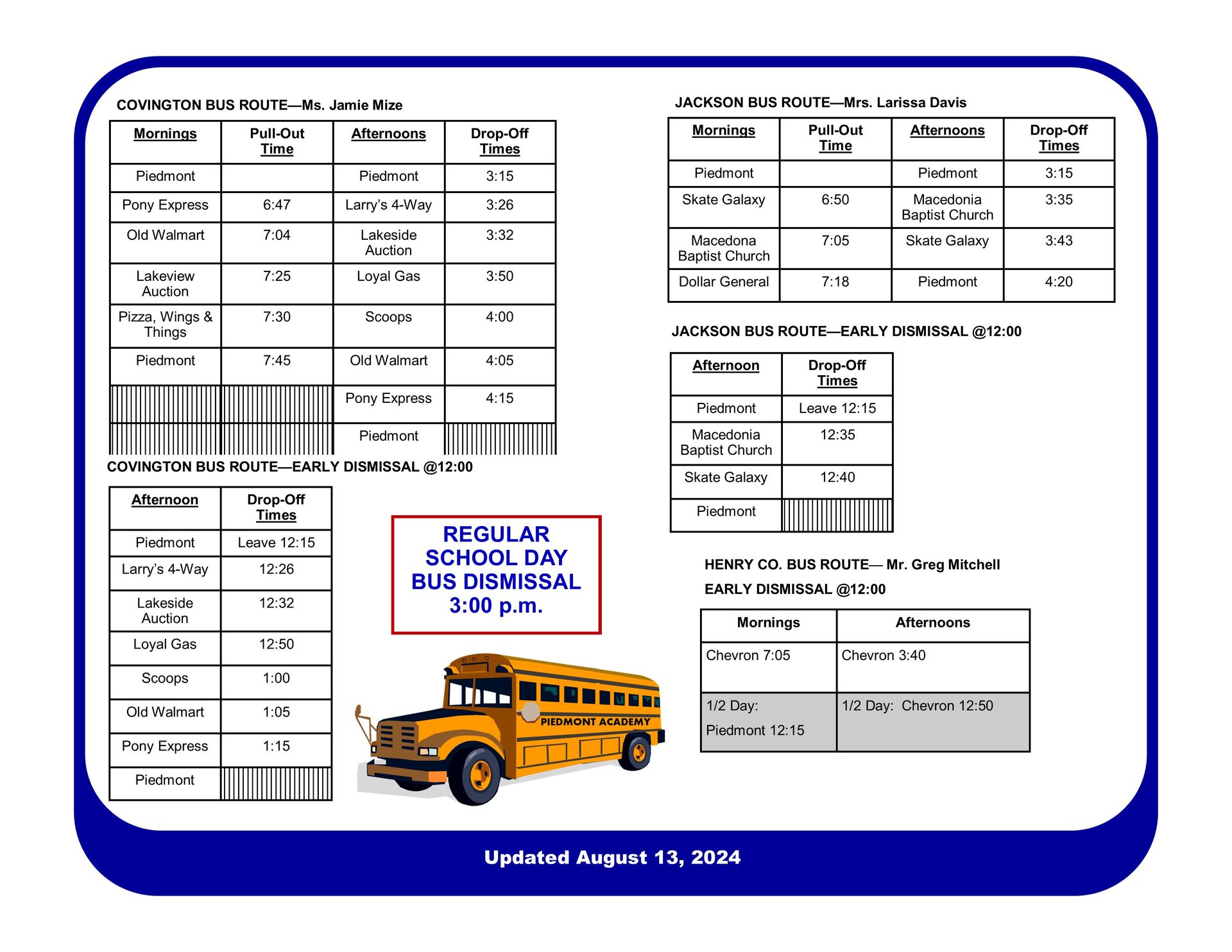A yellow school bus is on a blue and white page