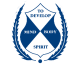 A blue and white logo that says to develop mind body spirit