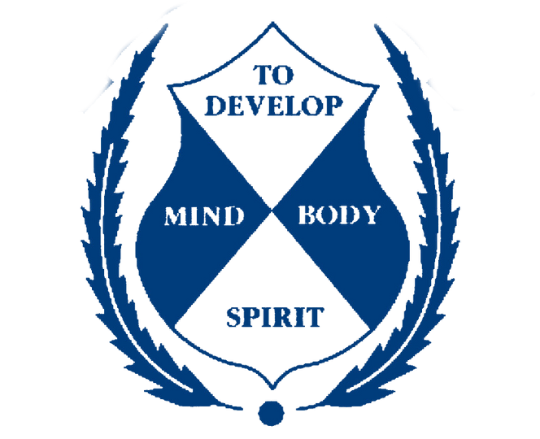 A blue and white logo that says to develop mind body spirit