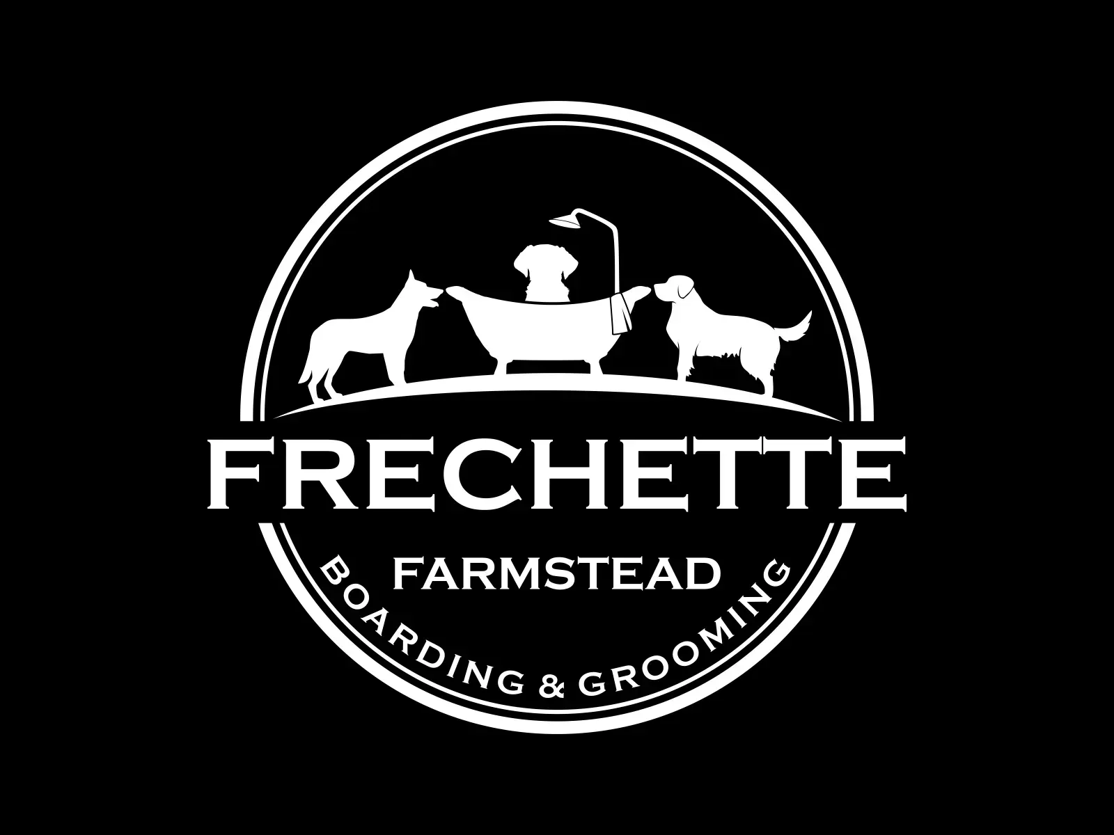 The logo for frechette farmstead boarding and grooming is white on a black background.