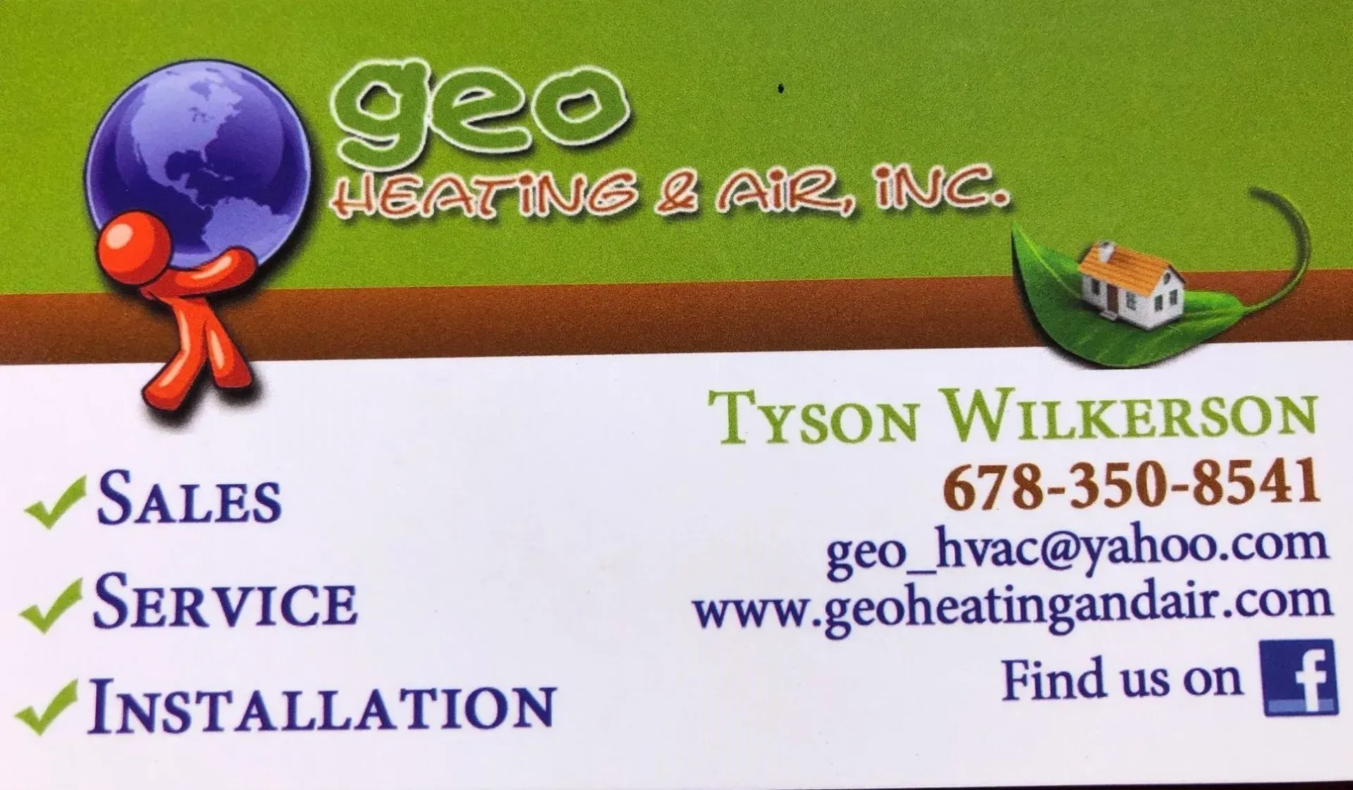 A business card for geo heating and air inc.