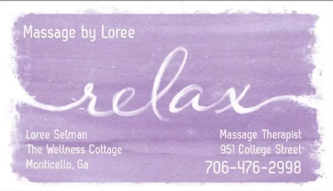 The logo for massage by loree is purple and white