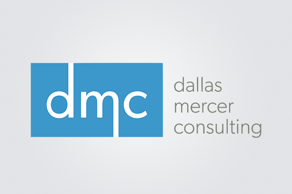 A blue and white logo for dallas mercer consulting