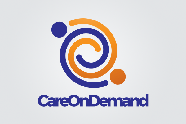 A blue and orange logo for care on demand