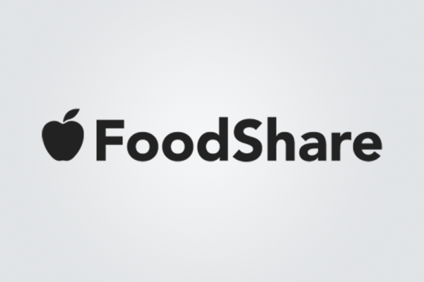 A black and white logo for foodshare with an apple