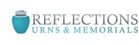 Logo for Reflections Urns & Memorials, featuring a teal urn and text.