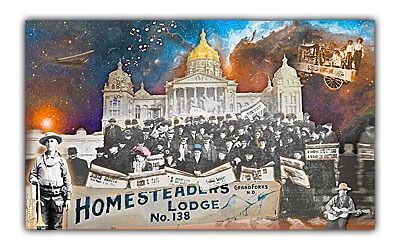 Homesteaders Lodge in front of a government building. People gathered. Cowboy and guitar player on side.