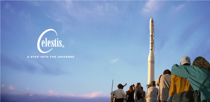 People watching a rocket launch into a blue sky, Celestis logo in the top left.