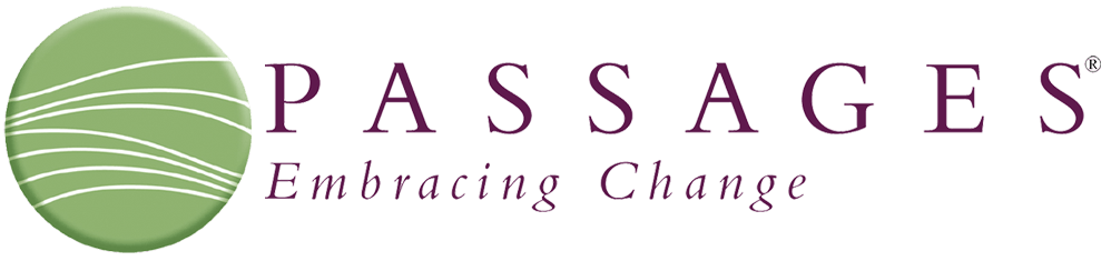 Logo for Passages. Green orb with lines, purple text: PASSAGES, and text: Embracing Change.