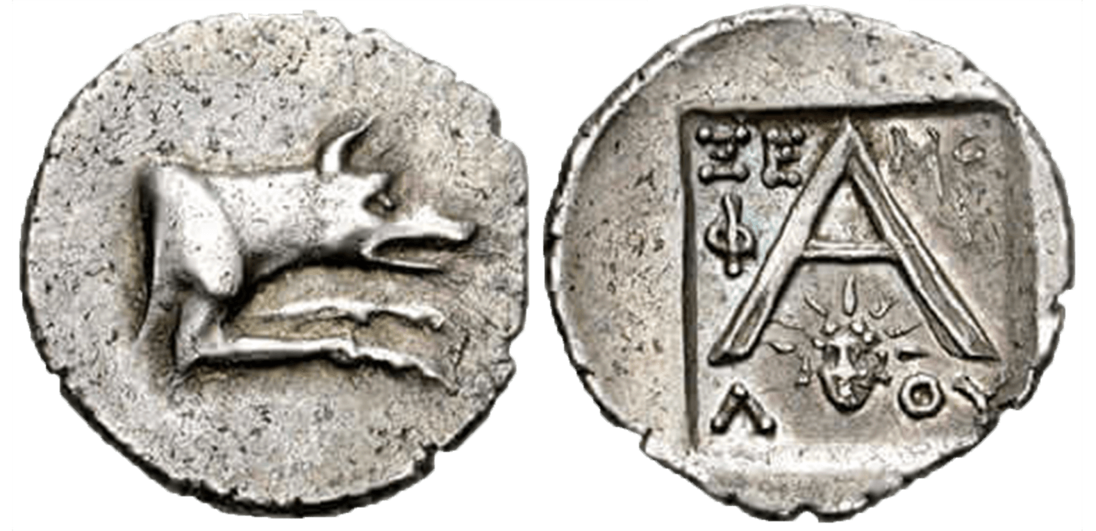 Two silver ancient Greek coins; one with a dog or wolf, the other with symbols.