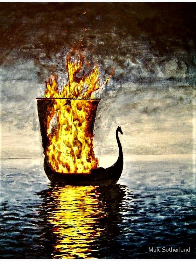 Burning Viking longship, flames engulf dragon-head prow, fiery spectacle, night.