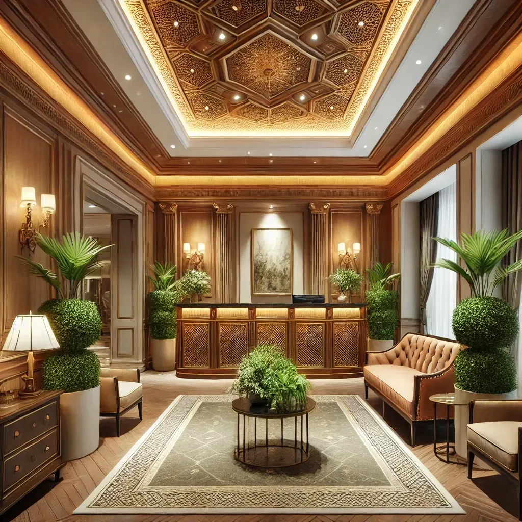 Luxurious hotel lobby with ornate ceiling and wooden accents. Features plants, reception desk, seating, and carpet.