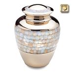 Gold and mother-of-pearl urn. The top and base are solid gold, the body is a mosaic of iridescent shells.