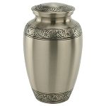 Silver-toned urn with decorative etched bands around the top and bottom.