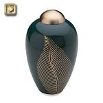 Green and gold cremation urn with leaf design and bronze-colored lid.