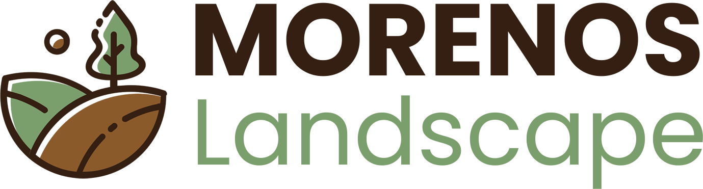 Logo for Morenos Landscape. Brown text, the word MORENOS above Landscape in green. Landscape icon includes a tree.