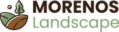 Logo for Morenos Landscape. Brown text, the word MORENOS above Landscape in green. Landscape icon includes a tree.