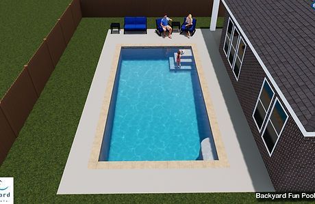 An aerial view of a backyard swimming pool with two people sitting on a patio.