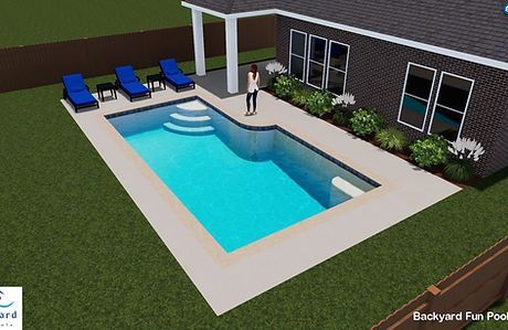 An aerial view of a swimming pool in front of a house.